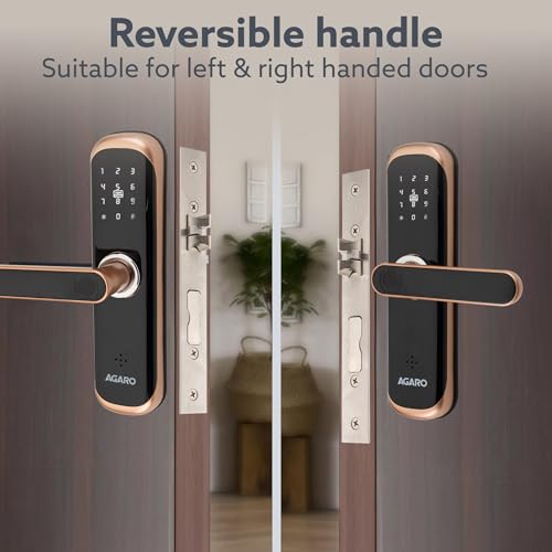 Image of AGARO Grand Smart Door Lock with Handle, Auto Lock, Unlock with Finger Print /RFID Card /PIN Access /App with Bluetooth /Manual Key Access, Digital Door Lock, Anti-Theft Lock, Home Safety, Rose Gold