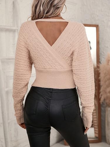 Image of ZAFUL Women's V Neck Cable Knit Sweater Long Sleeve Ribbed Crop Tops Wrap Surplice Solid Casual Pullover Jumper