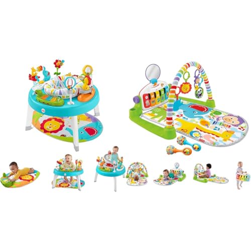 Image of Fisher-Price 3-in-1 Sit-to-Stand Activity Center [Amazon Exclusive], Multicolor & Deluxe Kick & Play Piano Gym & Maracas