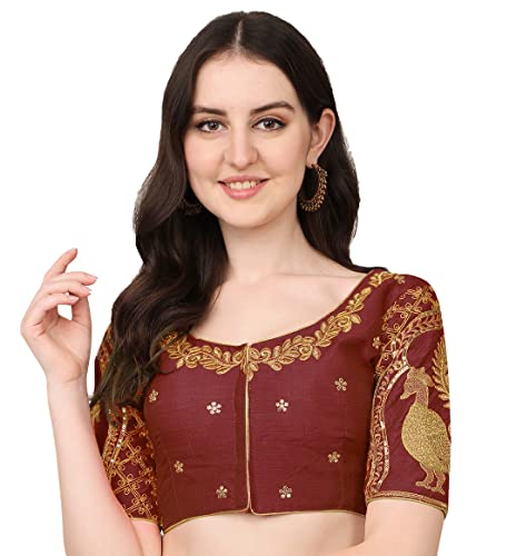 Image of Pujia Mills Women's Phantom Silk Embroidery Handwork & Sequin Work Peacock Design Half Sleeve Readymade Blouse (Mor Blouse Gold 38 Size+Margin)