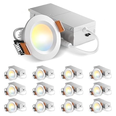 Amico 12 Pack 2 Inch 5CCT Ultra-Thin LED Canless Recessed Ceiling Light with Junction Box, 2700K/3000K/3500K/4000K/5000K Selectable, CRI90+, 6W=40W, 350LM, Dimmable Canless Wafer Downlight-ETL&FCC