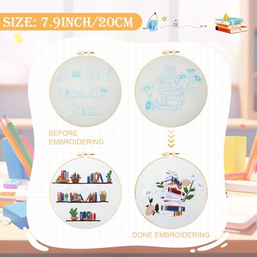 Image of CMINAUS 5 Sets Embroidery Kit for Beginners Adults Book Lover, Embroidery Starter Kit Book Pattern Hand Crewel Needlepoint Cross Stitch Kits Includes 2 Hoops Colored Threads Needles