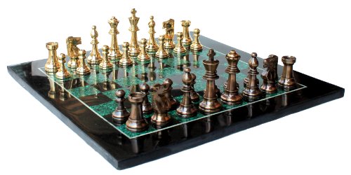 Stonkraft - 15" X 15" Collectible Chess Game Board Set - Black Marble And Malachite Stone + Brass Chess Pieces #TOP2