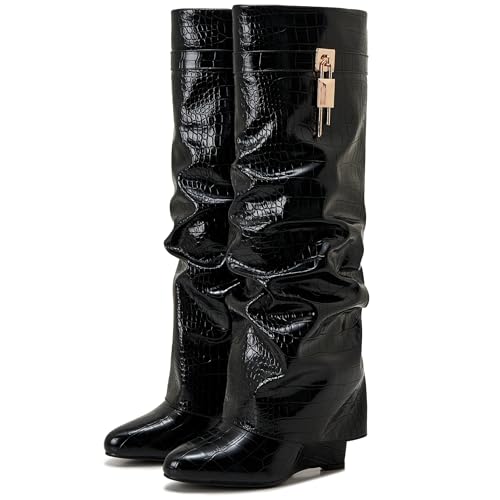 Image of Fold Over Boots for Women Pointy Pull-on Wedge Heel Knee Shark Boot With Side Zipper Padlock Design