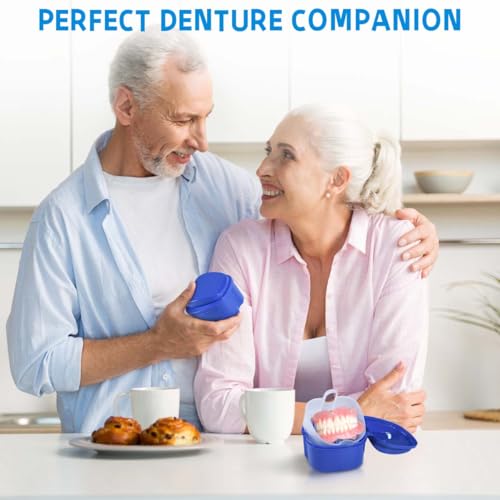 Image of KISEER Denture Bath Case Cup Box Holder Storage Soak Container with Strainer Basket for Travel Cleaning (Blue)