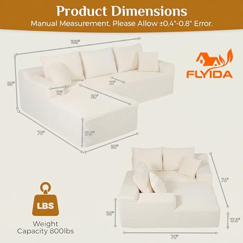 Image of 108 inch Boneless Cloud Sectional Couches for Living Room, Comfy Fluffy L Shaped Memory Foam Deep Seat Boneless Couch, Modular Sectional Sofa with Left Facing Chaise, White
