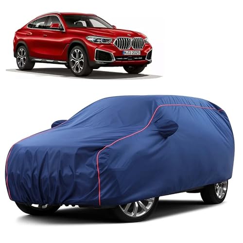 Image of Sulfar 100% Water Resistant Car Body Cover Compatible with Mirror for BMW X6 (Triple Stitched, Full Bottom Elastic, Blue Taffeta with Red Piping)