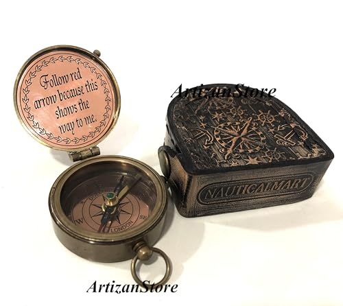 Brújula antigua de latón con estuche de cuero miniatura 3