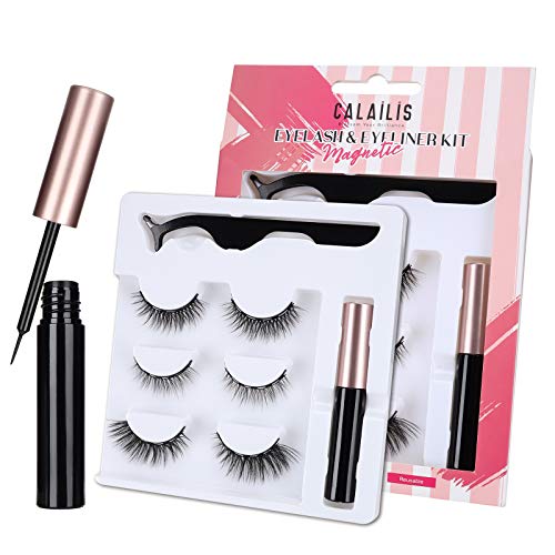 CALAILIS Magnetic Eyeliner and Eyelashes Kit, for Magnetic Lashes Set, Waterproof Liquid Eye Liner, 3D Faux Mink Eye Lashes False Eyelashes Reusable Lashes, Free Applicator CY104