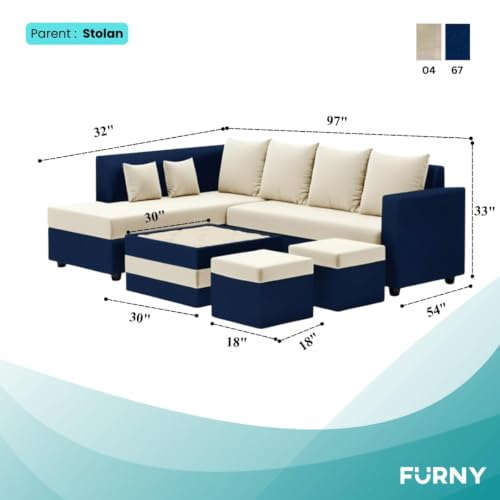 Image of CASASTYLE Stylify 8 Seater Fabric LHS L Shape Sofa Set with 1 Centre Table & 2 Ottoman (Cream-Dark Blue) 8-Person Seating with Premium Velvet Finish