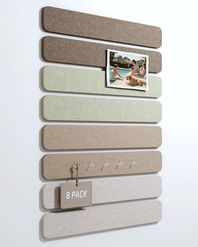 LeKuni Tableau Feutrine pour Bureau 33x5 cm, Lot de 8 Panneaux Muraux en Feutre avec Autocollante et 30 Punaises, Tableau Photo/Memo/Affichage pour école, maison, cuisine -Linen Dusk