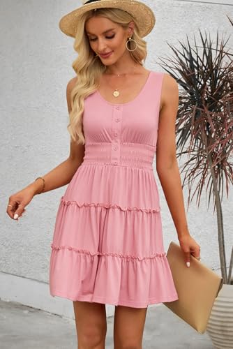 Image of Dokotoo Womens Summer Dresses 2026 Sleeveless Button Down Smocked Empire Waist Ruffle Tiered Casual Swing Mini Dress