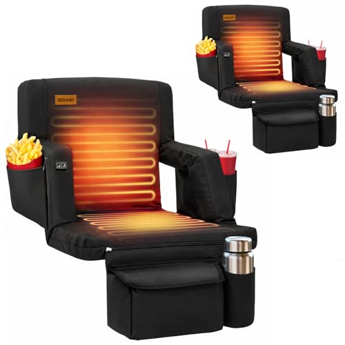 Overmont Heated Stadium Seat with Back Support - 3 Heat Levels Back & Cushion Separately Control 6-Position Recliner with 2 Hooks - Bleacher Chair for Sport Camping Concert - Battery NOT Included
