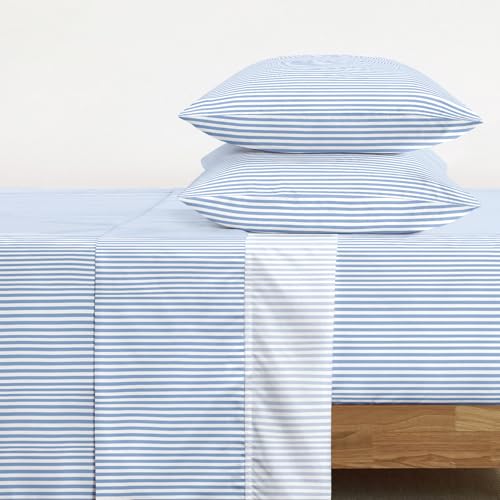 Image of Wake In Cloud - Striped Bed Sheets, 4-Piece Sheet Set, Ticking Vertical Pin Stripe Modern Farmhouse Pattern Printed Bedding, Deep Pocket, Blue White, King Size