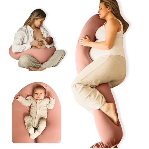 Cuddobaby Pregnancy Pillow 5-in-1 【Cooling Cover, Adjustable Firmness】 Patented Lock Design, Turn into O-Shape Nursing Pillow, 5-Point Full Body Support, Maternity Pillow with Travel Bag – Pink