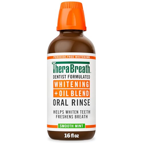 TheraBreath Whitening + Oil Blend Oral Rinse, Alcohol-Free & Peroxide-Free Mouthwash Helps Whiten Teeth & Freshen Breath, Smooth Mint, 16 Fl Oz