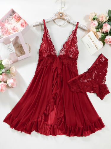 Image of Foxiny Sexy Open Front V Neck Ruffle Sheer Mesh Lace Wireless Babydoll Lingerie Dress with Thong 2 Piece