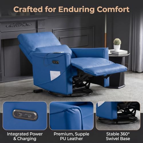 Image of Leather Power Swivel Rocking Recliner Chair, Electric Lazy Boy Reclining with Home Theater Seating, 360 Swivel Oversized Recliner Chair for Living Room, Bedroom, Reading, Napping, Blue
