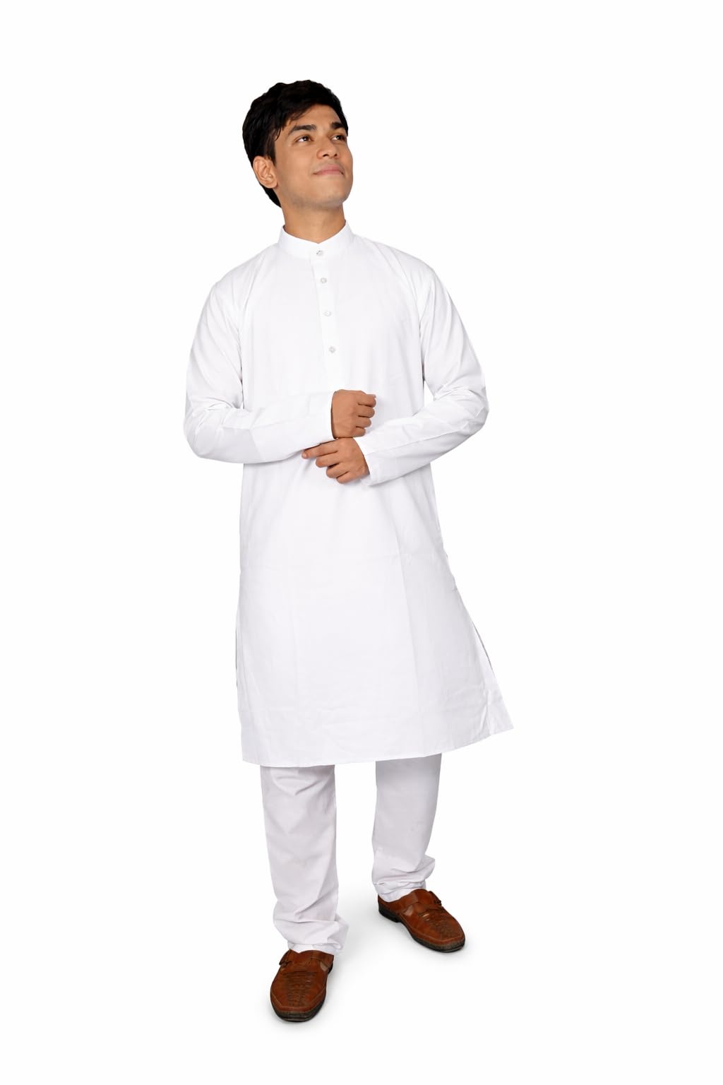 Men's Cotton Solid Indian Kurta Pajama Set with Neck Embroidery Mandarin Collar Casual Fashion Gift for Men