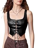 Floerns Women's PU Leather V Neck Sleeveless Solid Camisole Crop Tank Top Black Lace Up M