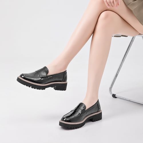 Image of Womens Loafers Comfortable Platform Penny Loafer Chunky Heel Business Casual Dress Shoes Fashion Patent Leather Women's Loafers & Slip-ons