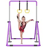 WATBKHE Gymnastic Bars for Kids, Horizontal Bars with Adjustable Height, Folding Gymnastic Training Kip Bar with Rings, Expandable Bars for Boys and Girls, Gymnastic Training Equipment(Purple-Ring)