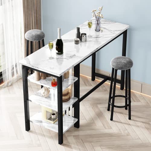 Awqm Bar Table Set With Storage Shelves, 47" Modern White Faux Marble Breakfast Table With 2 Velvet Stools, 3-Piece Dining Set For 2, Space Saving Table For Kitchen/Dinning Room/Living Room/Studio #TOP6
