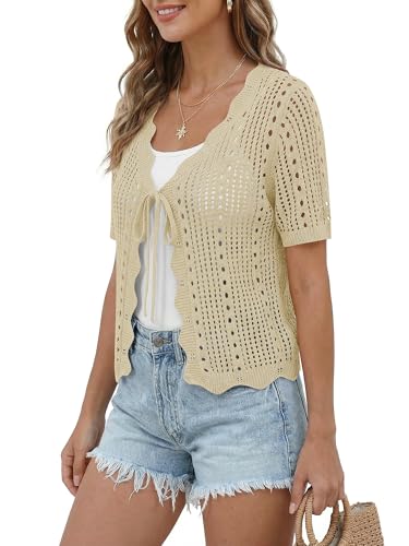COCCKO Womens Crochet Cardigan Sweaters Tie Front Tops Lightweight Bolero Shrug Short Sleeve V Neck Knit Mesh Beach Crop Cardigan Khaki — view 2