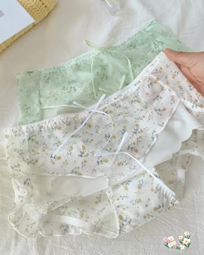Cute Floral Underwear for Schoolgirls,Cottagecore Summer Panties for Teen Girls,Mid Waist Mesh Bow Decor,4-Pack3