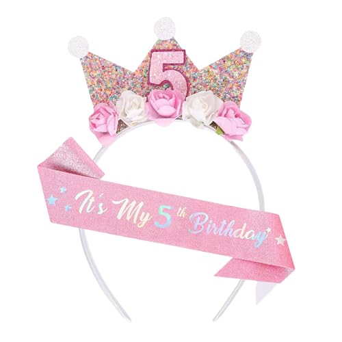 FloralGrace Corona di compleanno per 5 anni, corona di compleanno, 5 anni, cintura di compleanno per bambine 5 anni, corona per bambine 5 anni, cintura di compleanno per 5 anni, multicolore, L