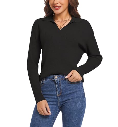 MessBebe Women's Long Sleeve Knitted Pullover Sweaters Collared V-Neck Polo Shirts Tops