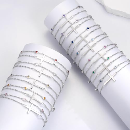 Sterling Silver Cross Birthstone Bracelet: Women Cross Month Stone Double Layer Chain Bracelet Birthday Gift2