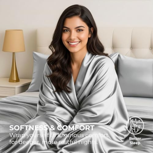 Image of Soft and Silk Satin Bedsheet for Single Bed - 400 TC Romantic Bedsheet Set for Bedroom | Bridal Wedding Bedsheet with Pillow Cover | Ideal for Gifting Silver Gray, Single Bed