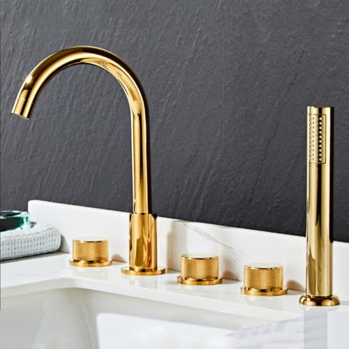Robinet de bain à 5 trous doré anti-éclaboussures avec douchette et bec pivotant 360°