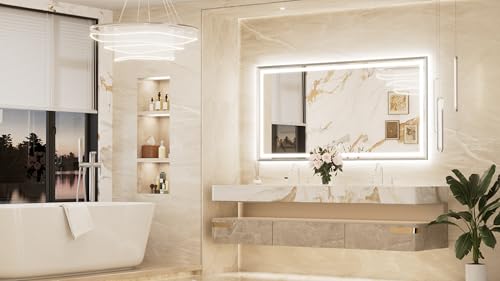 Image of Keonjinn 72x36 Inch Nickel LED Bathroom Mirror with Lights, Beveled Edge