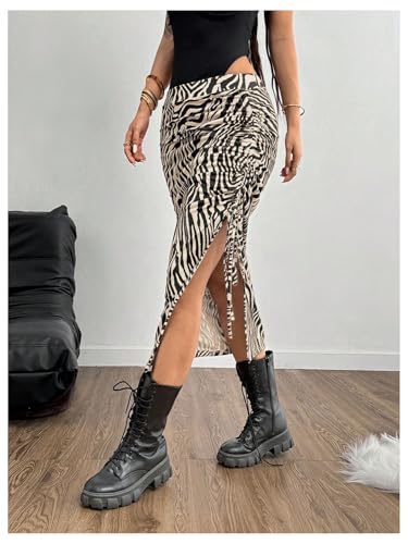 SOLY HUX Women's Plus Size Zebra Print Skirt High Waisted Ruched Drawstring Split Bodycon Y2k Going Out Midi Skirts3