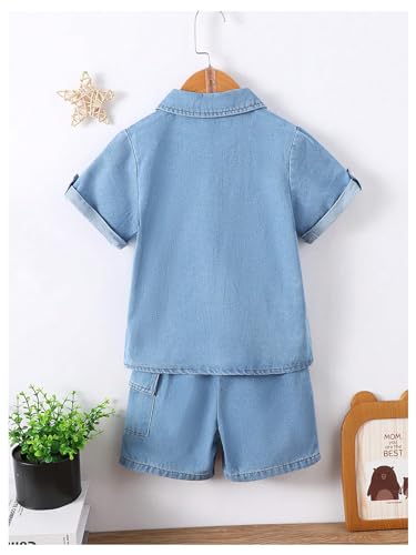 Image of BEAUDRM Boy's 2 Piece Summer Outfits Short Sleeve Collar Button Down Denim Shirt Tops and Shorts Set