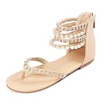 GATUXUS Women's Pearls Thong Flats Sandals Beads Ankle Strappy Back Zipper Flip Flops Dress Sandals Shoes (Beige, US 7)