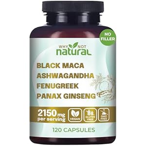 Why Not Natural 4-in-1 Organic Black Maca Root, Ashwagandha, Fenugreek, Panax Ginseng Capsules, Supplement for Men and Women (120 Count (Pack of 1)