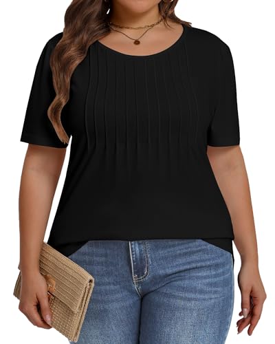 Image of Plus Size Tops for Women Pleated Summer Top Trendy Short Sleeve Shirts Casual Basic Tee Crew Neck Blouses 2026