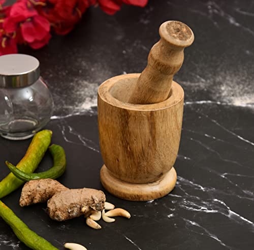 Image of Mango Wood Mortar Pestle Set, Imam Dasta, Natural Wooden Okhli, Spice Mixer Kharal, Kitchen Khalbatta Masher, Ginger Garlic Crusher, Masala Kutni for Cooking