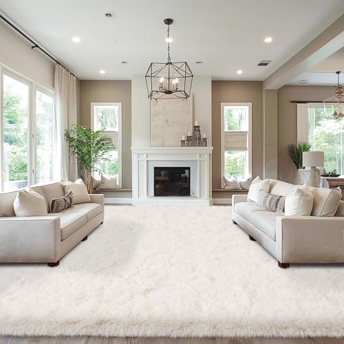 Area Rugs 9x12 Living Room, Large Fluffy Cream White Area Rugs for Bedroom, Soft Carpet Shag Kids Room Rug, Non-Slip Fuzzy Rugs Indoor (9ft x 12ft, Cream White)