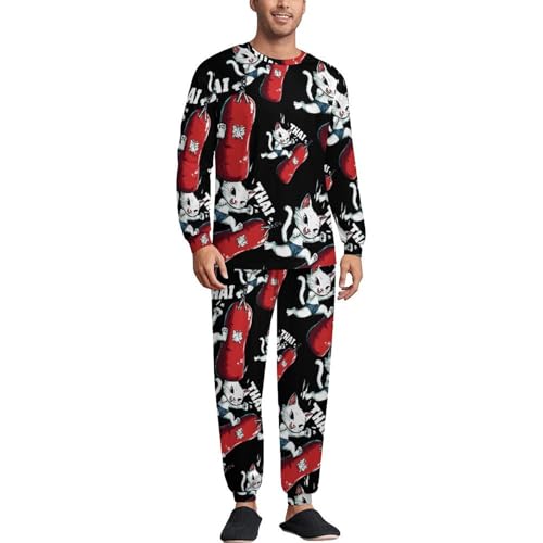 Muay Thai Cat Punching Bag Men’s Pajama Set Long Sleeve Top And Pants Loungewear Sleepwear Pjs Nightwear