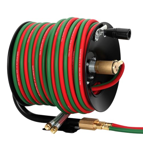 Manual Twin Welding Hose Reel with 1/4' ID 100ft Oxygen Acetylene Hose, Includes 3ft Lead-in Hose &...