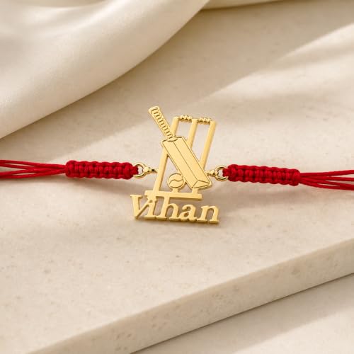 Image of Sports rakhi with name for Brother | name rakhi for brother | Cricket, Football, Batminton & More Sports Designs | Raksha Bandhan Gift for Bhai. (Cricket Bat & Wicket)