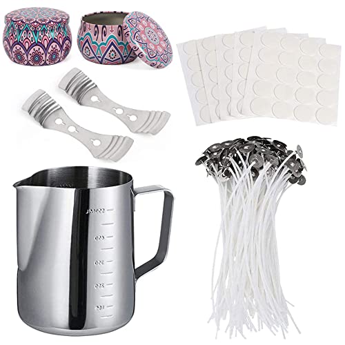 HOTOOLME Accesorios para hacer velas con 50 mechas de velas, 100 pegatinas de mechas, 2 soportes para mechas, 2 latas de metal y 1 olla de riego de 550 ml Cover