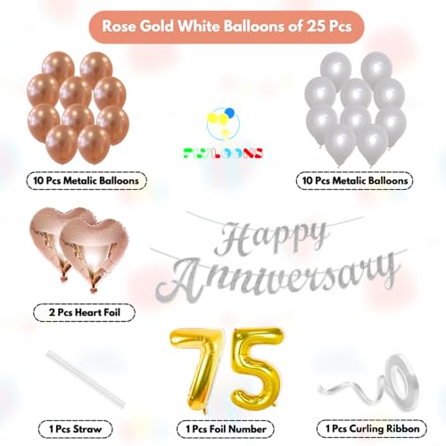 Image of Flyloons 75th Happy Anniversary Decoration Items Rose Gold White for Women Husband Wife Mom Dad Couple Bedroom Car With 20 Pcs Metallic Balloons Anniversary Banner 2 Pcs Heart Set Kit Diamond Jubilee