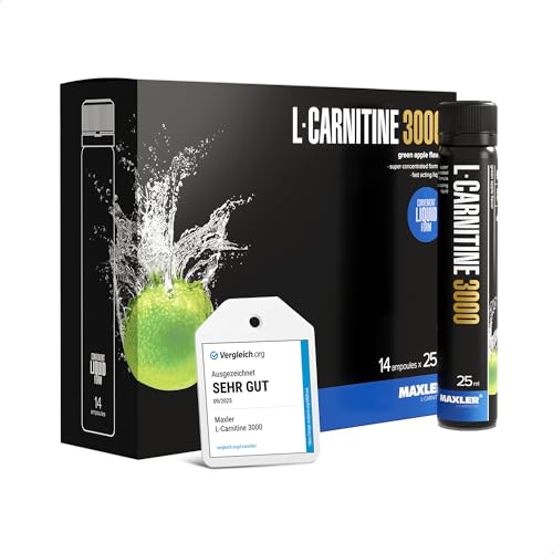 Maxler L-Carnitine 3000 - Grüner Apfel - 14x25ml - Hochdosiertes L Carnitin Liquid - Vegane Nahrungsergänzuing - 3000mg Wirksotff pro Portion - 14 Portionen