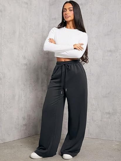 Image of Women's Wide Leg Sweatpants - High Waisted Baggy Joggers with Pockets, Oversized Cinch Bottom Lounge Pants, Cotton Blend Relaxed Fit Streetwear Trousers