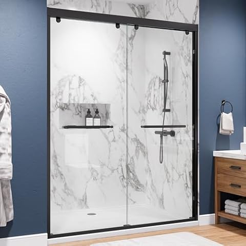 56-60 in. W x 76 in. H Double Sliding Shower Door, Matte Black Semi-Frameless Glass Shower Door with 5/16 in. Tempered Clear Glass, Easy to Clean & Easy to Install Cover